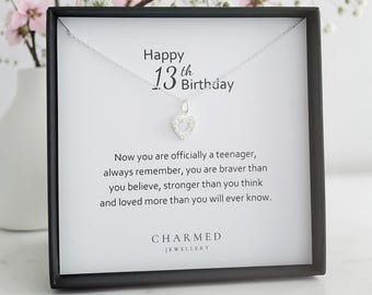 13th Birthday Necklace | Sterling Silver CZ Open Heart | Daughter Granddaughter Gift