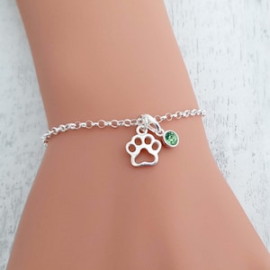 Sterling Silver Paw Print Birthstone Bracelet: Pet Lover Gift