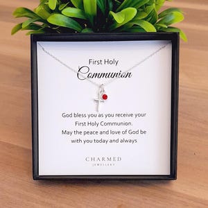 First Holy Communion Cross Birthstone Necklace 925 Sterling Silver, Personalised Communion Gift for Girls, 1st Holy Communion Gift