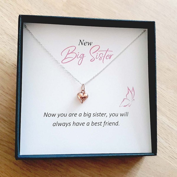 New Big Sister Rose Gold Heart Necklace 925 Sterling Silver, Personalised Jewellery Sister Gift for Girl's