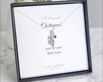 Sterling Silver Octopus Necklace | Crystal Birthstone | Ocean Inspired Personalised Jewellery Gift