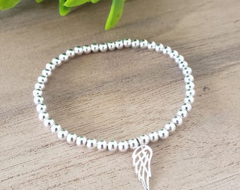 Angel Wing Bracelet | 4mm Silver Beads | Stretch Bead Jewellery | Memorial Gift