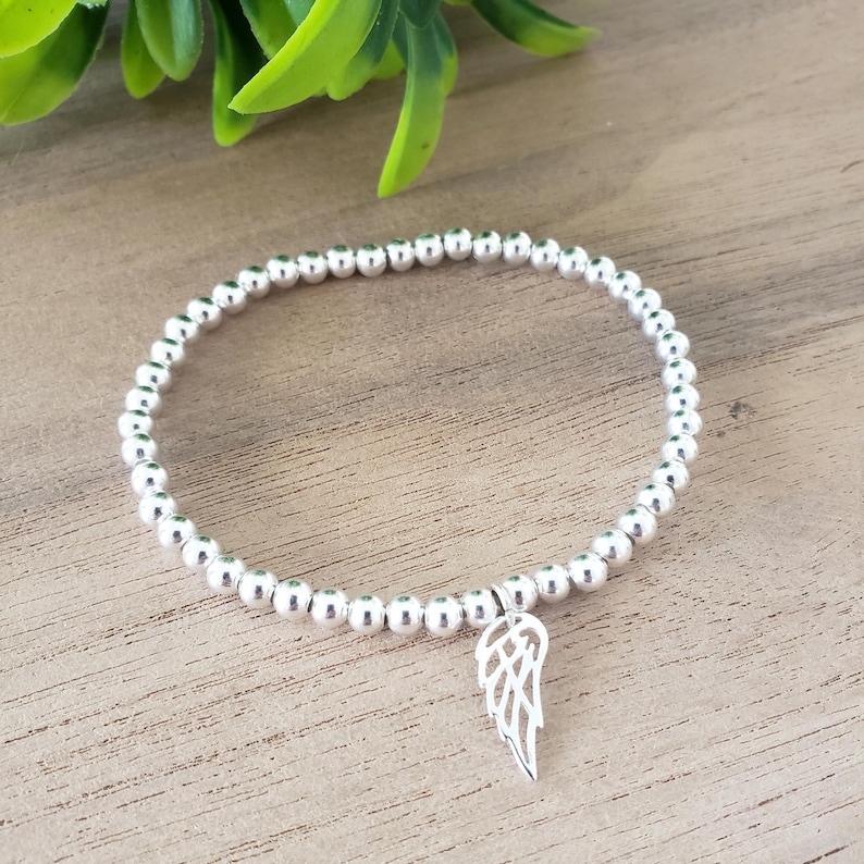 Angel Wing Bracelet, Choice of 4mm or 5mm Beads, Stretch Bead Bracelet, Mum, Auntie, Grandma, Nana, Godmother Gift, Birthday Present