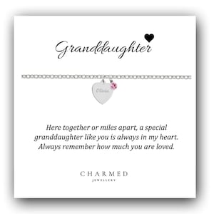 Engraved Heart Birthstone Bracelet: Sterling Silver Granddaughter Gift