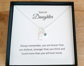 Special Daughter Letter Birthstone Necklace 925 Sterling Silver, Personalised Jewellery Gift for Women & Girls