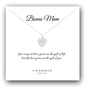 Bonus Mum Gift, Engraved Heart Necklace 925 Sterling Silver, Personalised Gifts for Her, Gift for Bonus Mum, Gift for Step Mum, Foster Mum