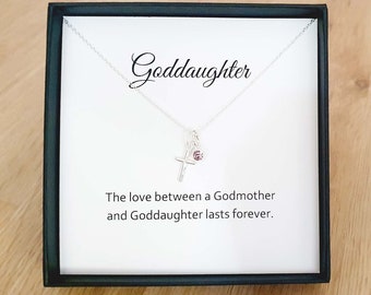 Goddaughter Cross Birthstone Necklace 925 Sterling Silver, Personalised Jewellery Gift for Women and Girls