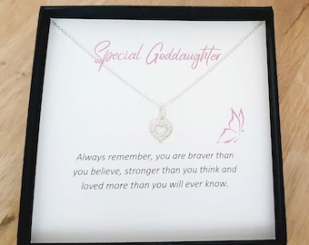 Goddaughter CZ Heart Necklace 925 Sterling Silver, Personalised Jewellery Gift for Girl's