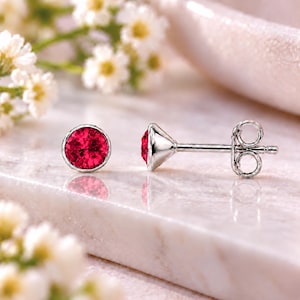 Ruby Crystal Stud Earrings | Sterling Silver 925 | July Birthstone
