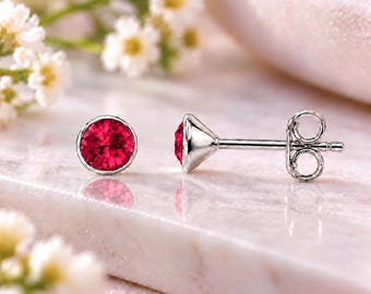 Ruby Crystal Stud Earrings | Sterling Silver 925 | July Birthstone