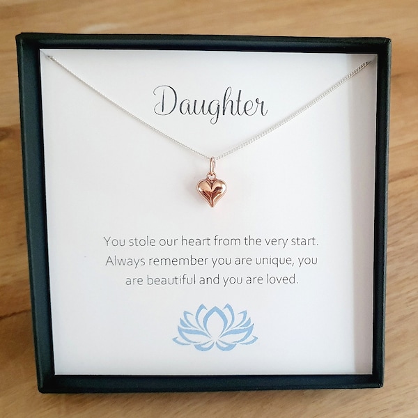 Daughter Rose Gold Heart Necklace 925 Sterling Silver, Personalised Jewellery Gift for Women & Girls