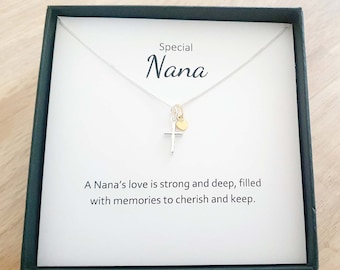 Nana Cross with Gold Heart Necklace 925 Sterling Silver, Personalised Jewellery Gift for Women