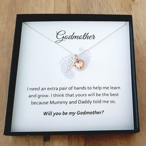 Godmother Gift: Sterling Silver Angel Wing Necklace with Rose Gold Heart