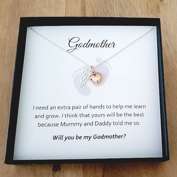 Godmother Angel Wing with Rose Gold Heart Necklace 925 Sterling Silver, Personalised Jewellery Gift for Godmother