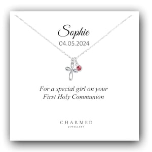 Collar de plata de ley 925 con cruz de corazón y piedra de nacimiento para Primera Comunión. Regalo personalizado para comunión de niña.