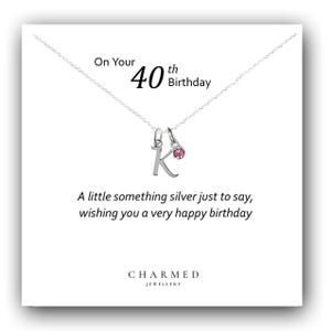 Collar con letra inicial en escritura de cumpleaños número 40 con piedra de nacimiento en plata de ley 925, joyería personalizada para mujeres y niñas