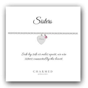 Engraved Heart Birthstone Bracelet: Sterling Silver Sister Gift