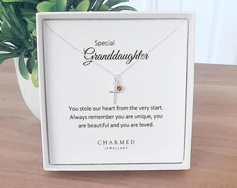 Granddaughter Gift, Cross Necklace, Birthstone 925 Sterling Silver, Personalised Jewellery Gift for Women & Girls, Gift for Granddaughter