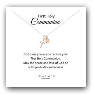 First Holy Communion Cross with Rose Gold Heart Necklace 925 Sterling Silver, Personalised Communion Gift for Girls, Gift for Communion