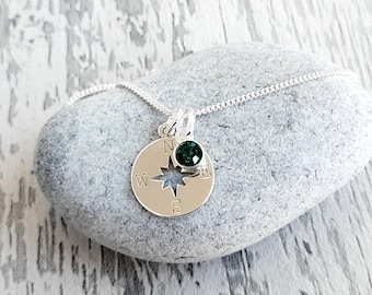 Sterling Silver Compass Necklace with Crystal Birthstone