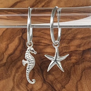 Seahorse & Starfish Hoop Earrings 15mm 925 Sterling Silver