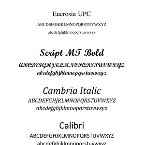 May include: A white background displays the text "FONT CHOICES" in black. Below, four font options are shown: Eucrosia UPC, Script MT Bold, Cambria Italic, and Calibri. Each font is displayed with uppercase and lowercase alphabets.
