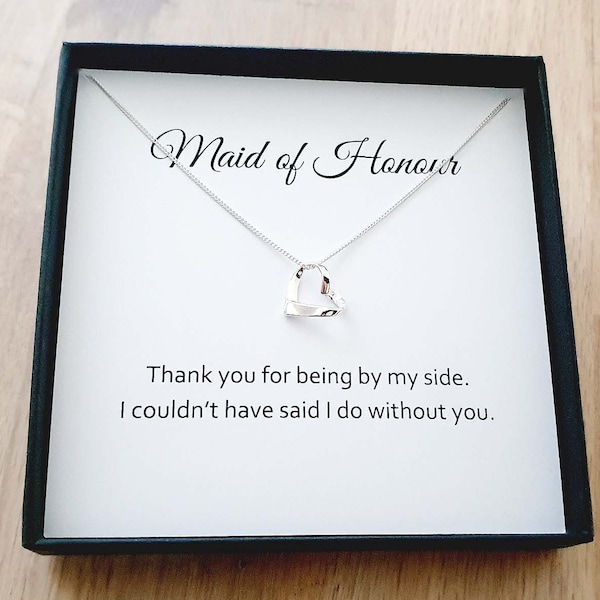 Maid of Honour Gift Ribbon Heart Necklace 925 Sterling Silver, Personalised Wedding Gift for Women