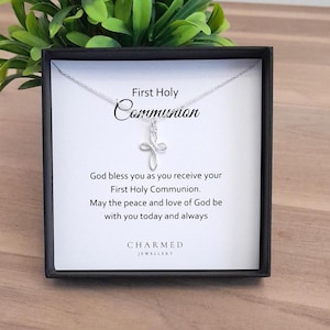 First Holy Communion Eternity Heart Cross Necklace 925 Sterling Silver, Personalised Communion Gift for Girl&#39;s, 1st Holy Communion Necklace