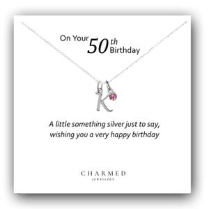 Collar con letra inicial en escritura de cumpleaños número 50 con piedra de nacimiento en plata de ley 925, joyería personalizada para mujeres y niñas