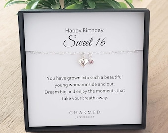 Pulsera de plata de ley con forma de corazón y piedra de nacimiento: regalo para tu 16.º cumpleaños.