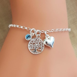 Sterling Silver Tree of Life Bracelet: With Puffy Heart & Birthstone Charm