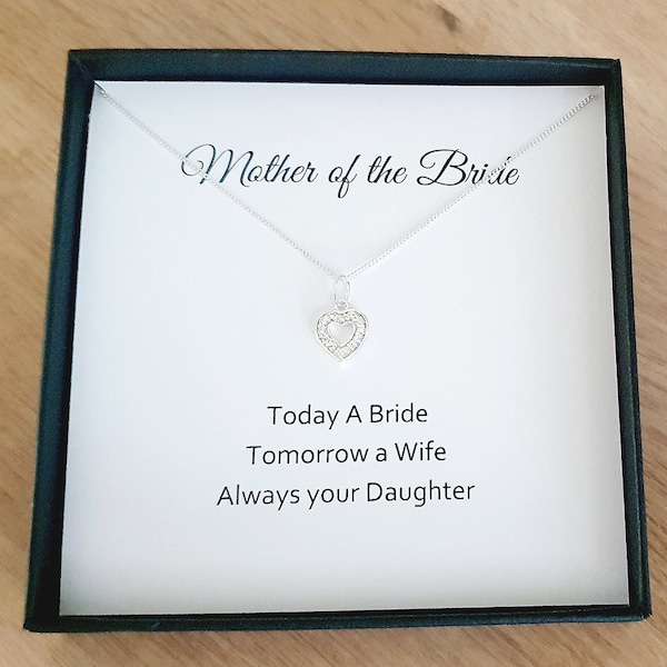 Mother of the Bride CZ Heart Necklace 925 Sterling Silver, Personalised Wedding Gift for Women