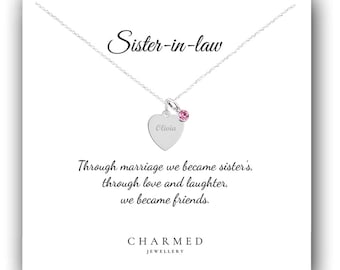 Collar con piedra de nacimiento de corazón grabada: regalo de plata de ley para cuñada