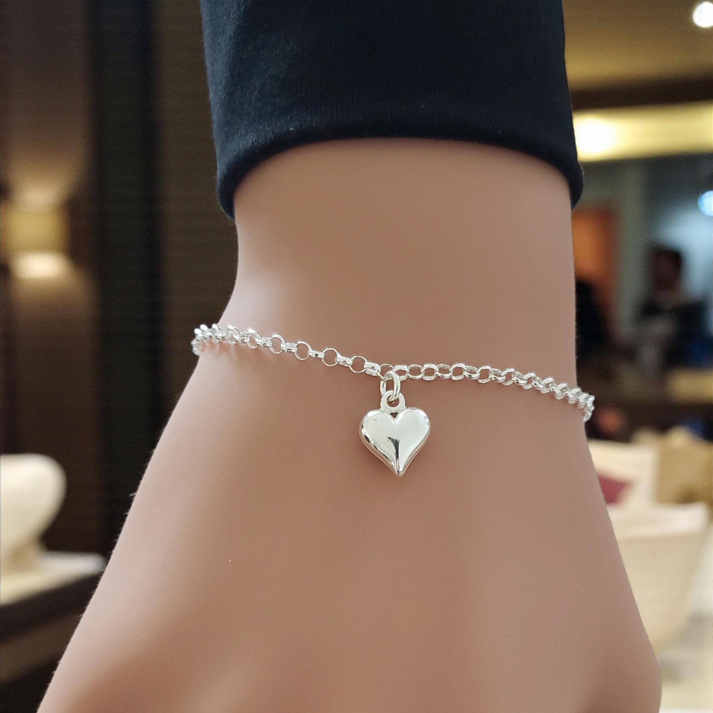 Puffy Heart Charm Bracelet | 925 Sterling Silver Adjustable