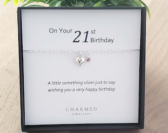 Cadeau pour 21e anniversaire : bracelet cœur gonflé en argent sterling avec pierre de naissance