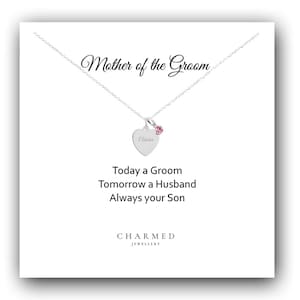 Engraved Heart Birthstone Necklace: Sterling Silver Mother of Groom Gift
