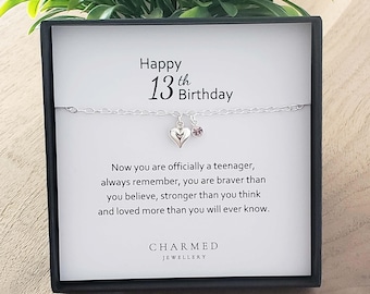 13th Birthday Gift: Sterling Silver Puffy Heart Birthstone Bracelet
