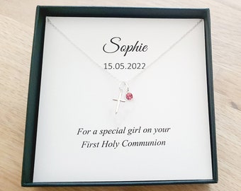 Erstkommunion Kreuz Geburtsstein Halskette 925 Sterling Silber, Personalisierte Kommunion Geschenk für Mädchen