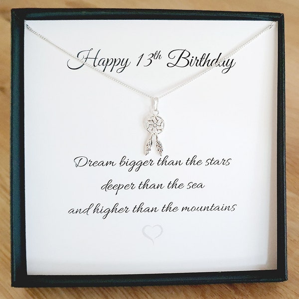 13th Birthday Silver Dreamcatcher Necklace 925 Sterling Silver, 13th Birthday Gift, Personalised Gift for Teenager
