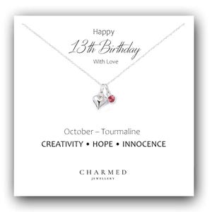 13th Birthday Gift, Puffy Heart Necklace with Choice of Swarovski Crystal Birthstone 925 Sterling Silver, Personalised Jewellery for Girls