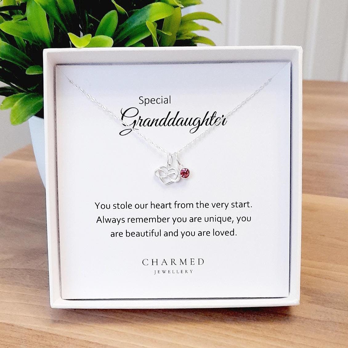 Granddaughter Gift Infinity Heart Necklace with Optional Birthstone 925 Sterling Silver, Personalised Gift for Granddaughter
