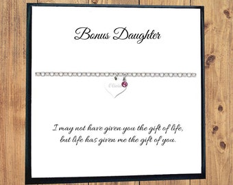 Bonus Daughter Gift, Engraved Heart Birthstone Bracelet 925 Sterling Silver, Personalised Gift for Girl's and Women, Gift for Step Daughter
