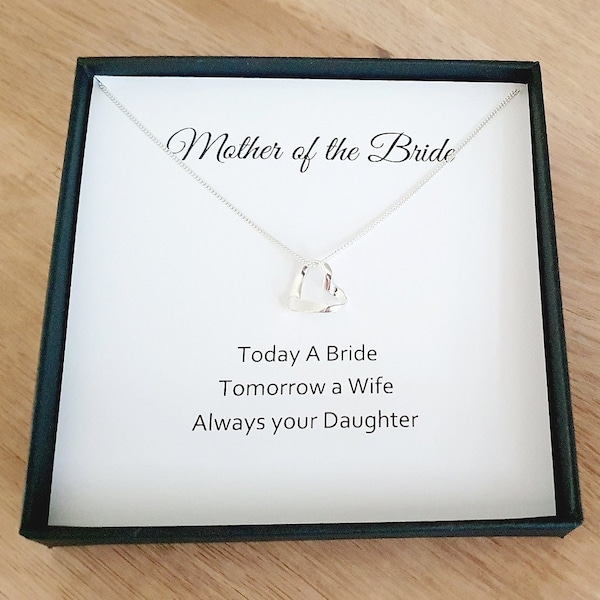 Mother of the Bride Ribbon Heart Necklace 925 Sterling Silver, Personalised Wedding Gift for Women