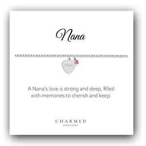 Engraved Heart Birthstone Bracelet: Sterling Silver Nana Gift