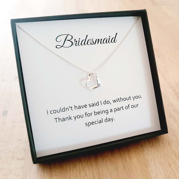 Bridesmaid Ribbon Heart Necklace 925 Sterling Silver, Personalised Wedding Gift for Women and Girls