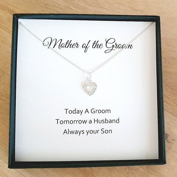 Mother of the Groom CZ Heart Necklace 925 Sterling Silver, Personalised Wedding Gift for Women