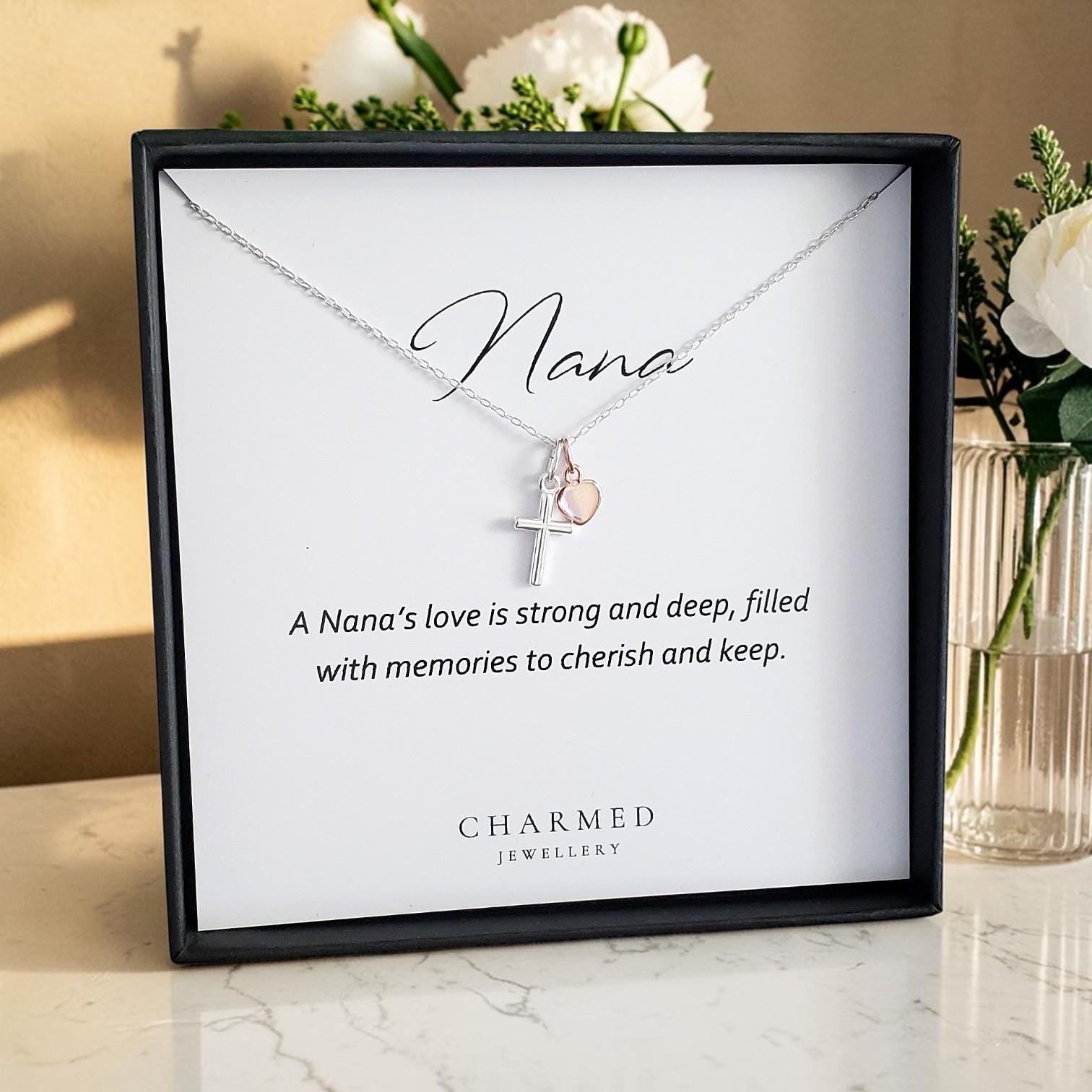Nana Sterling Silver Cross Necklace With Rose Gold Heart