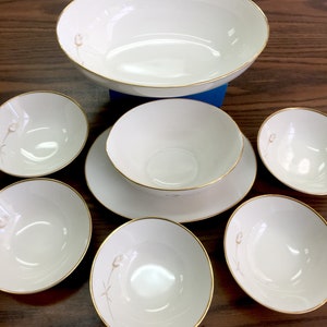 Noritake Ivory China "Nora"  Oval Serving Bowl, Gravy Boat, (5) Fruit Bowls