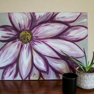 Quadrado de flor roxa, pintura acrílica abstrata contemporânea