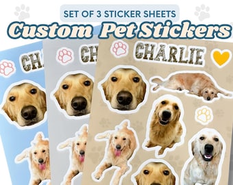 Custom Pet Sticker Sheet Set of 3, Personalized Pet Photo Stickers, Custom Dog Stickers, Cat Stickers, Pet Lover Gift